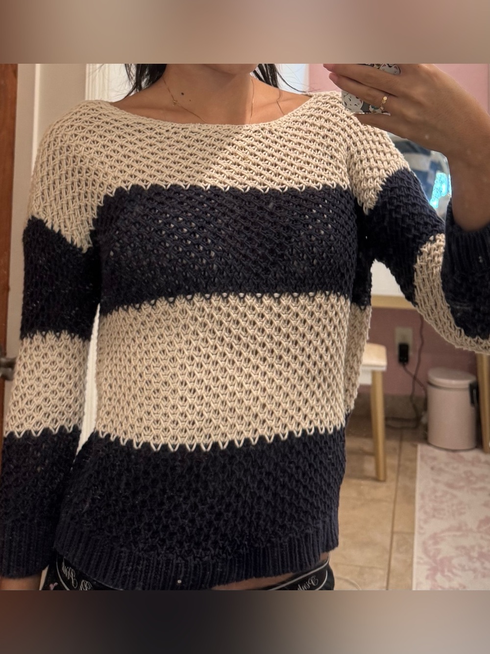 LOFT Beige and Navy Striped Scoop Neck Sweater